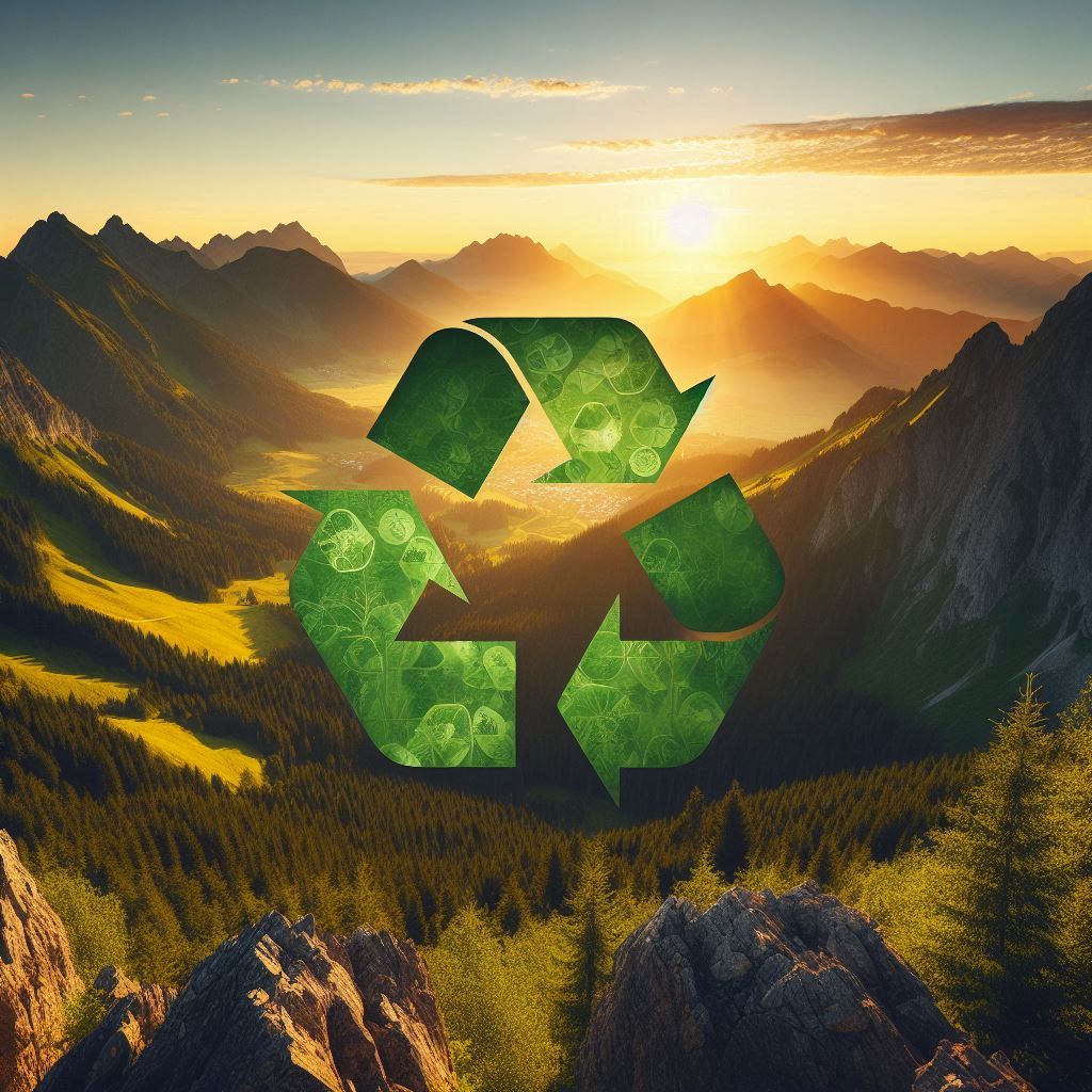 Recycling Logo vor Berglandschaft Recycling Logo vor Berglandschaft